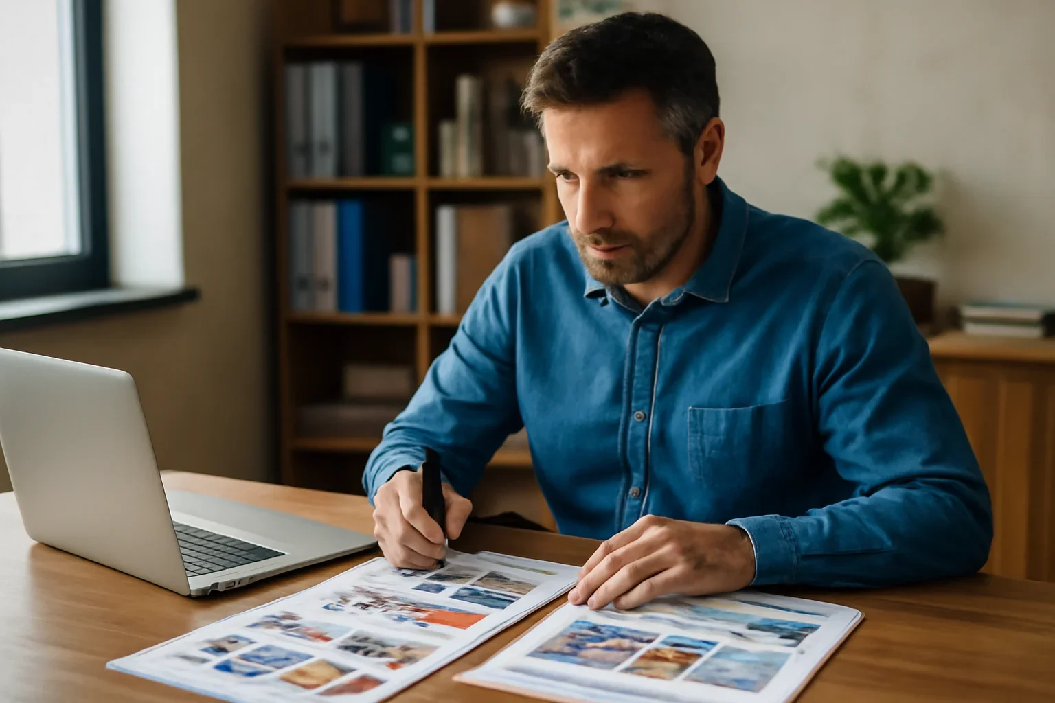 Local business owner reviewing ad layouts and campaign notes at a desk