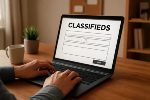 Seller posting a neatly written local classified listing from a laptop