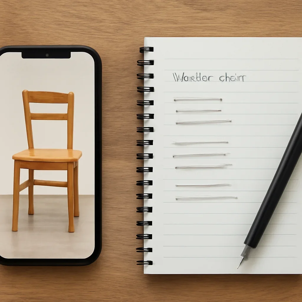 Phone screen and notebook with item details ready for a classified ad