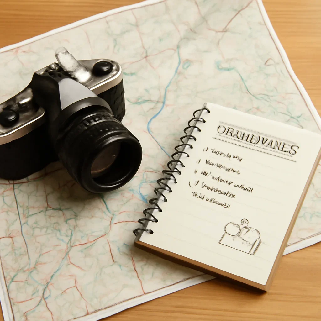 Map, camera, and local guide notes laid out for a Drumheller day trip