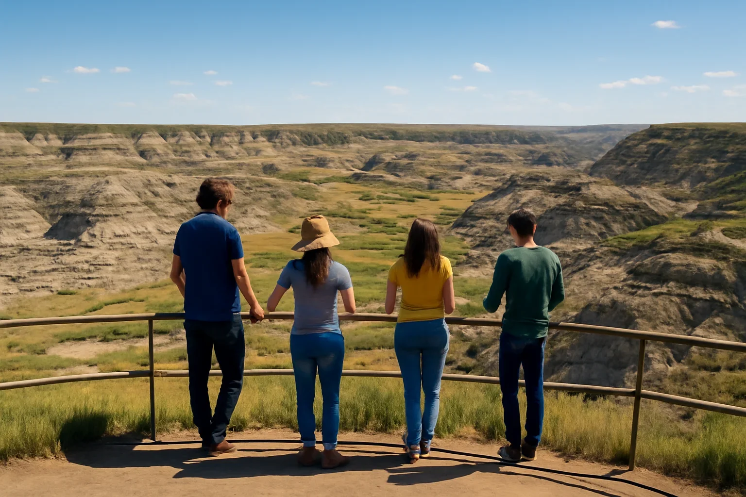 Visitors looking out over the Drumheller badlands from a scenic viewpoint