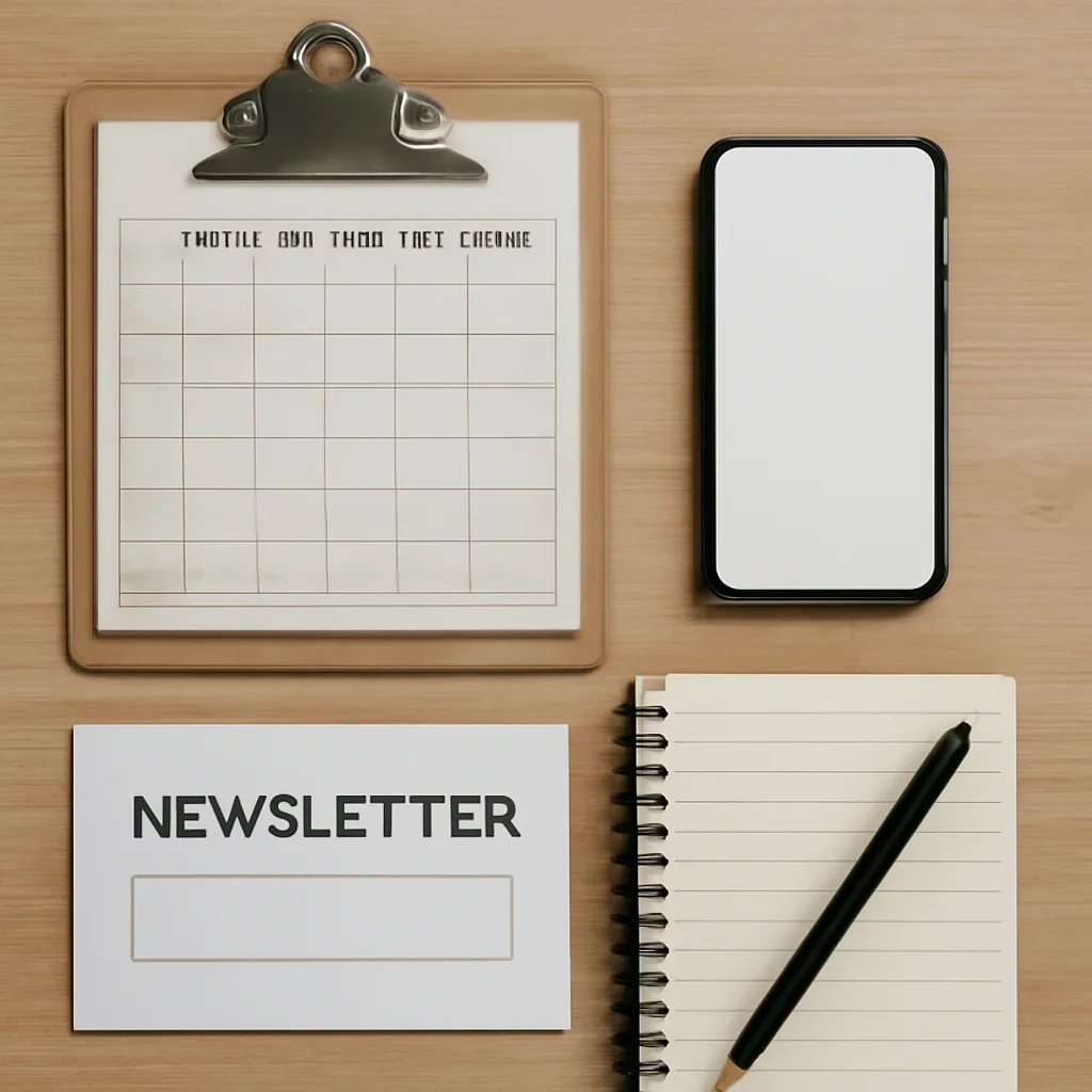 Newsletter signup and event reminder planning on a desk