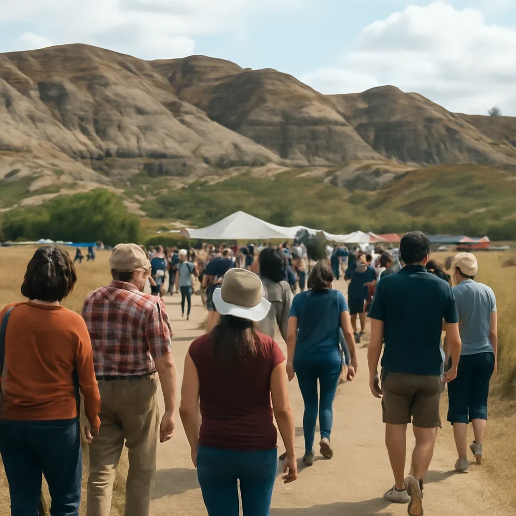 Crowd arriving at a small-town outdoor event in the badlands