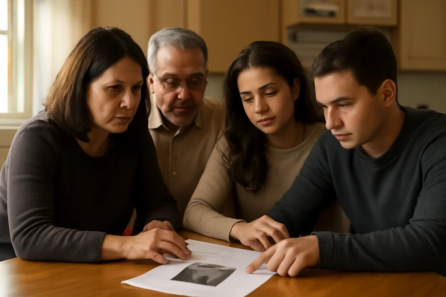 Family reviewing a memorial notice draft together at a kitchen table