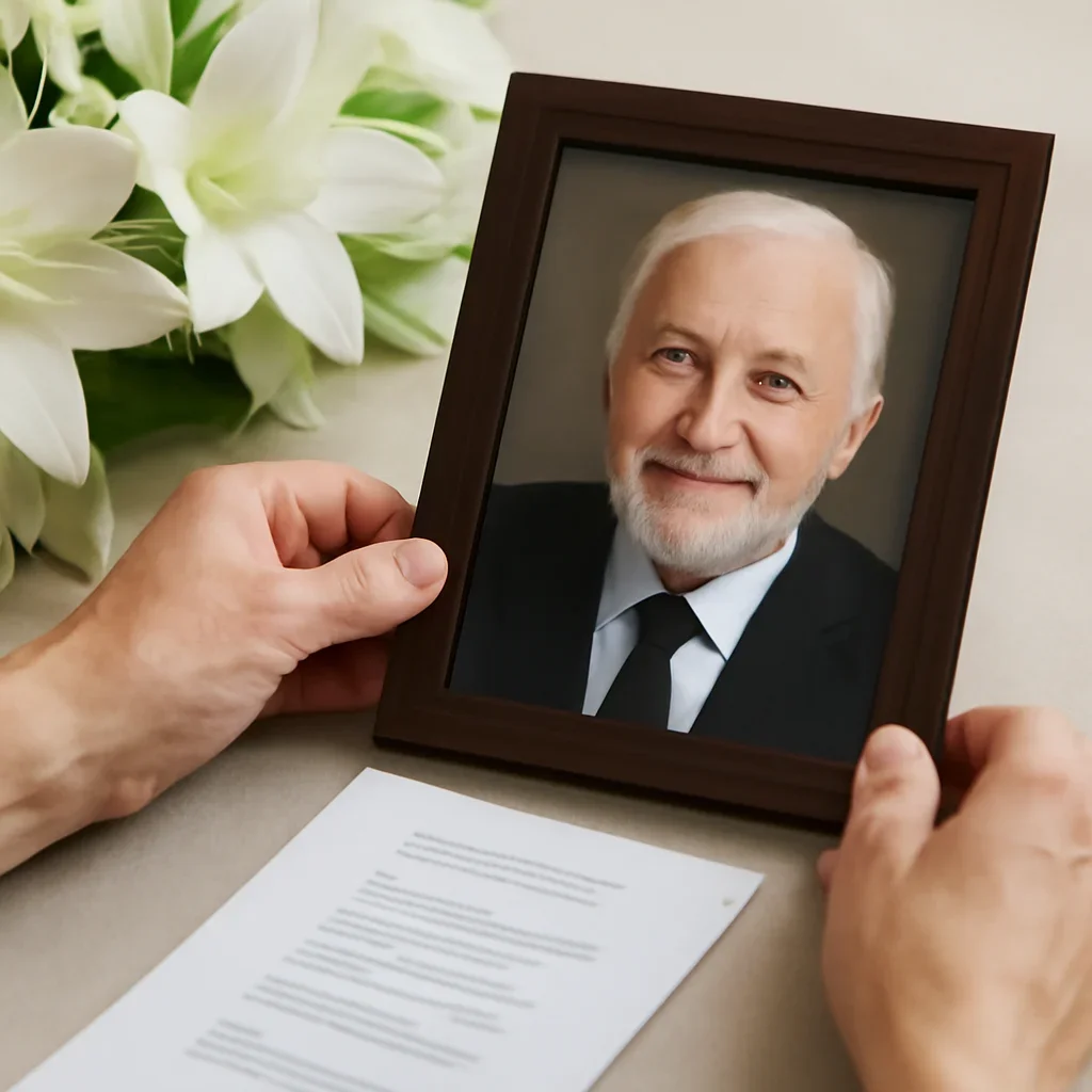 Close-up of hands arranging a framed portrait and service details