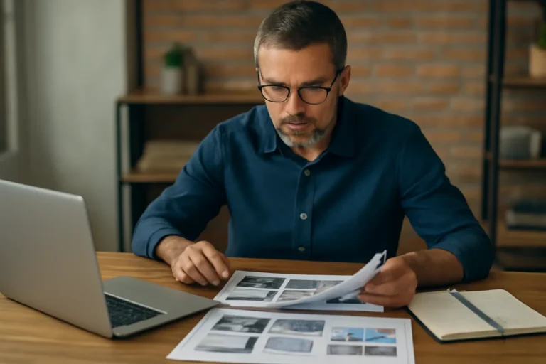 Local business owner reviewing ad layouts and campaign notes at a desk