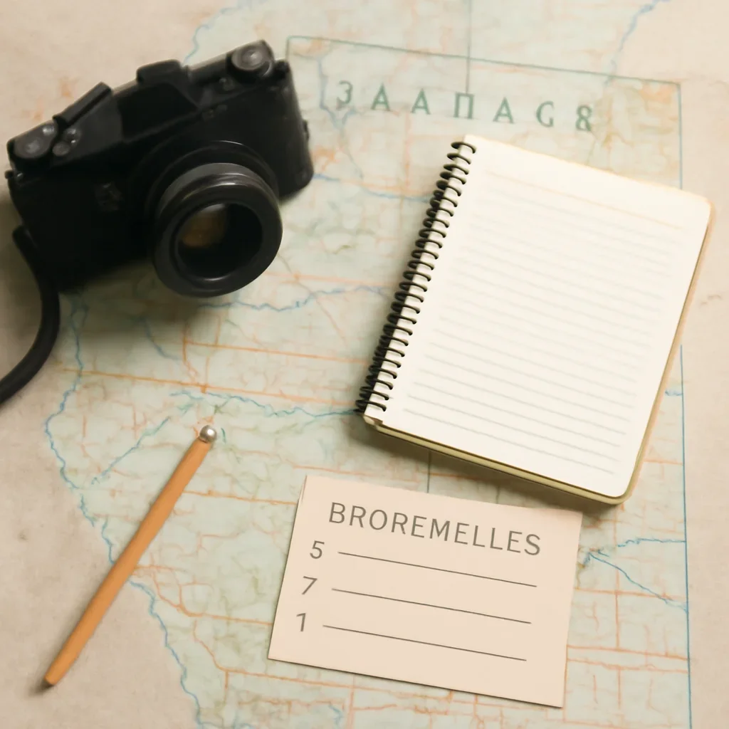 Map, camera, and local guide notes laid out for a Drumheller day trip
