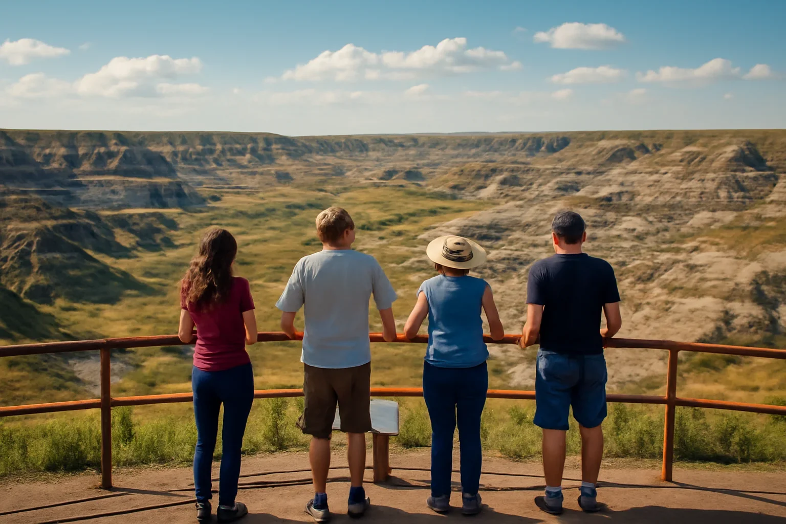 Visitors looking out over the Drumheller badlands from a scenic viewpoint