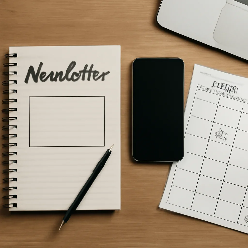 Newsletter signup and event reminder planning on a desk