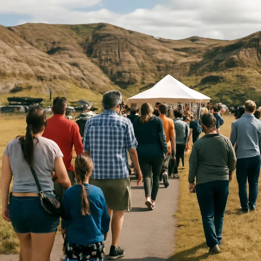 Crowd arriving at a small-town outdoor event in the badlands