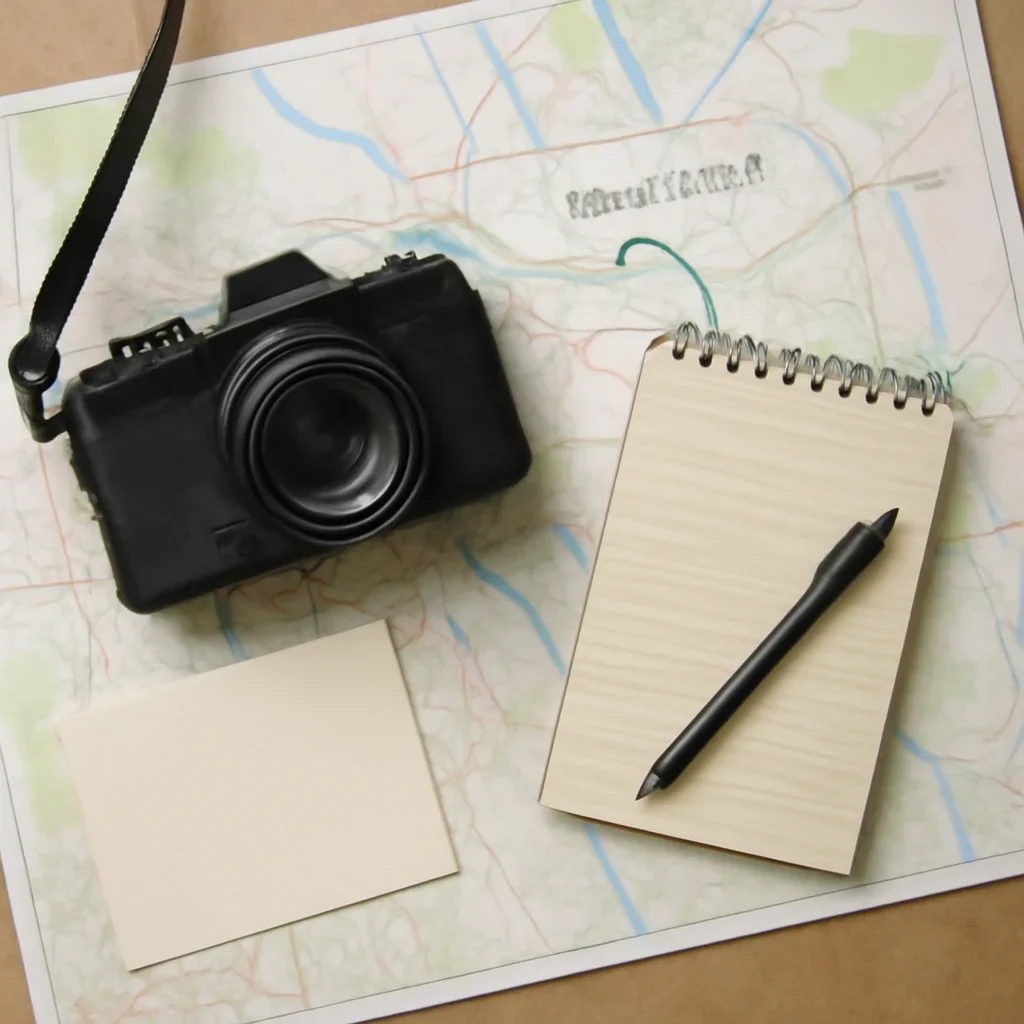Map, camera, and local guide notes laid out for a Drumheller day trip