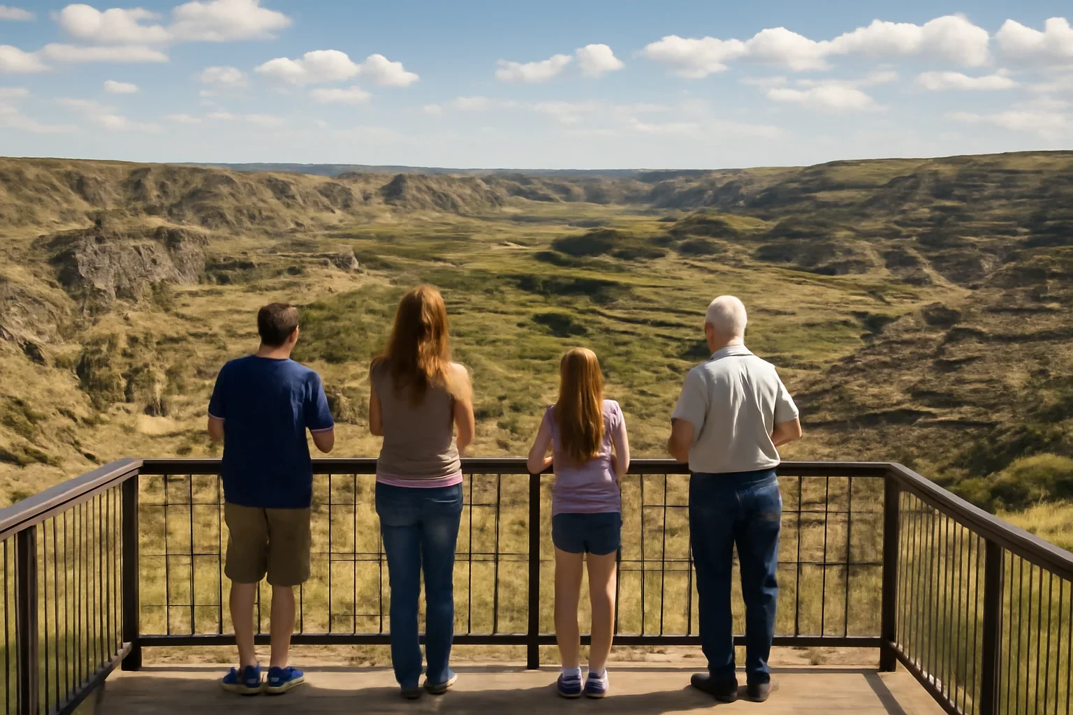 Visitors looking out over the Drumheller badlands from a scenic viewpoint