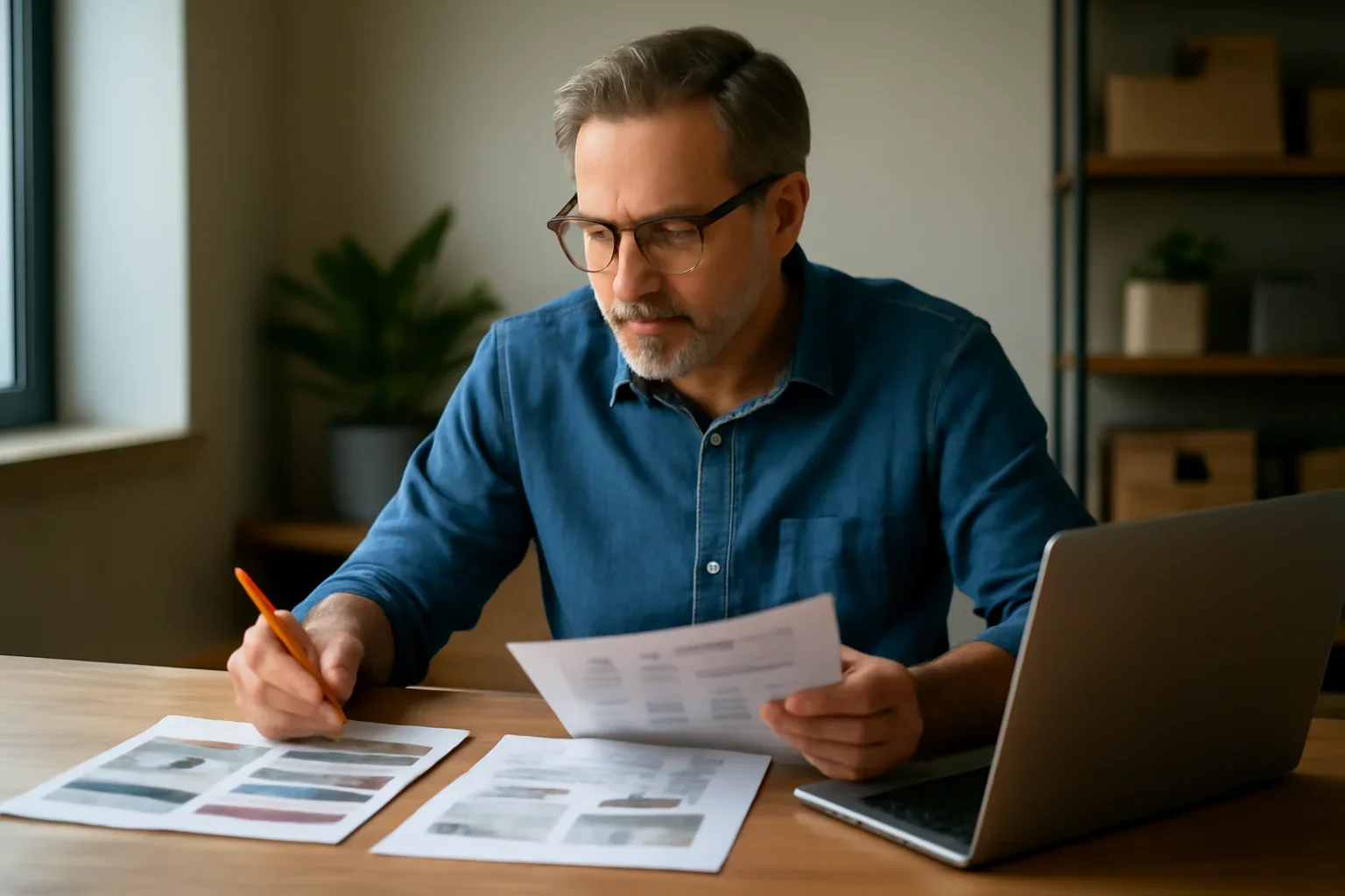 Local business owner reviewing ad layouts and campaign notes at a desk