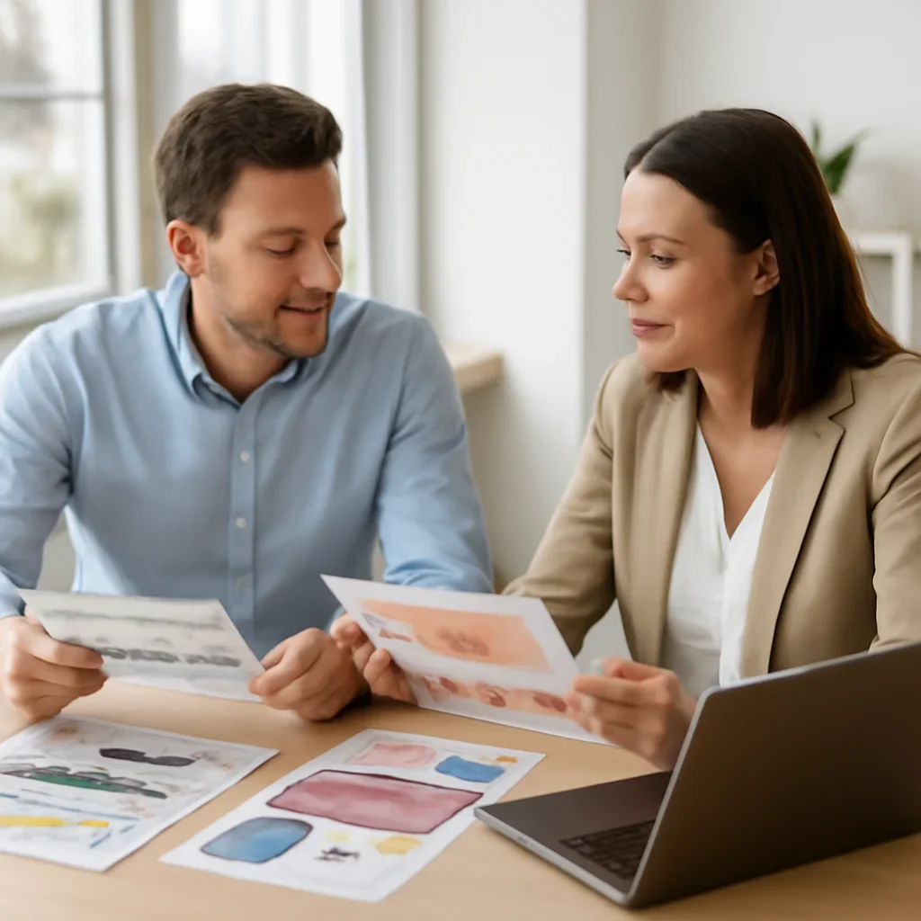 Team discussing a print and digital promotion plan in a bright office