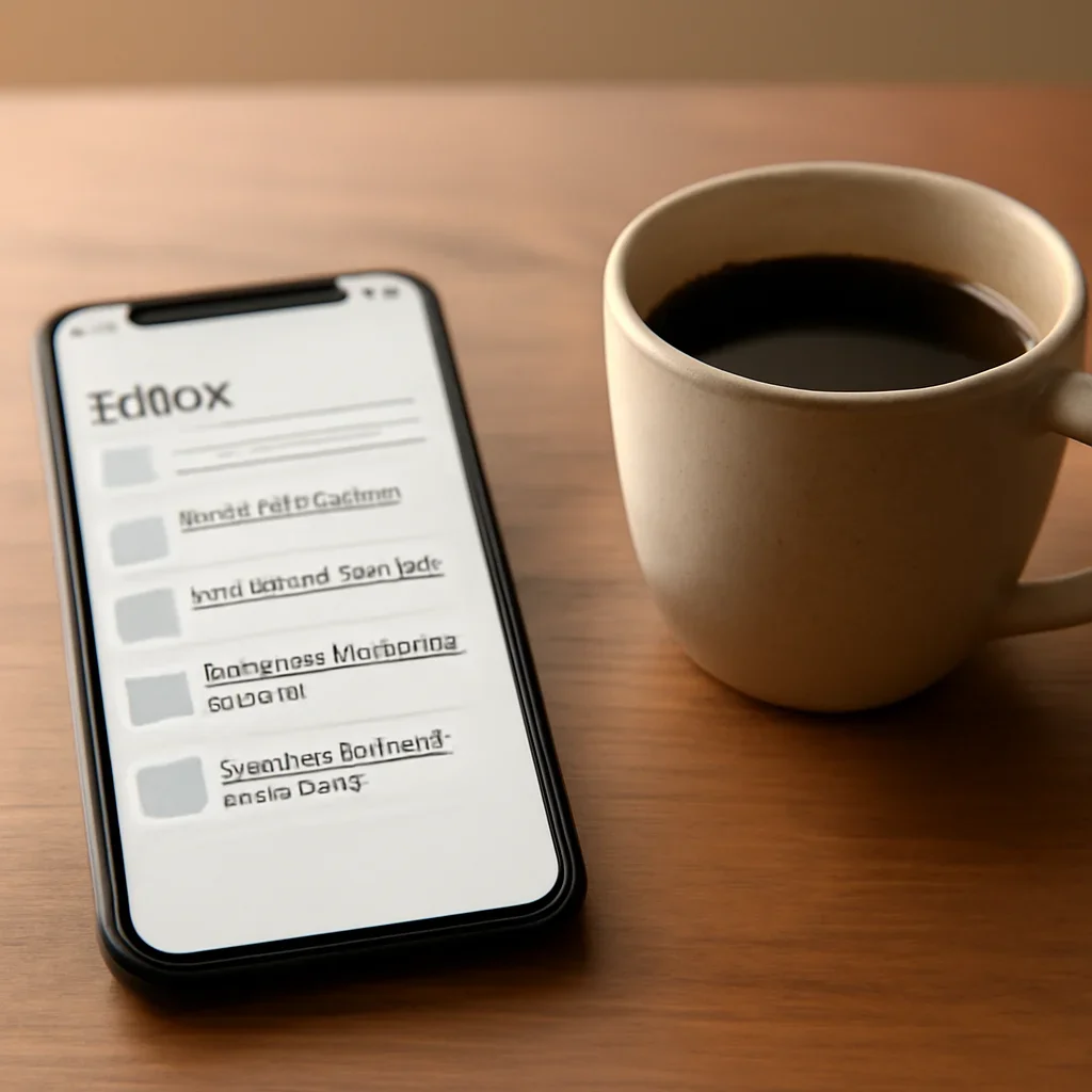 Inbox screen with local headlines beside a coffee cup