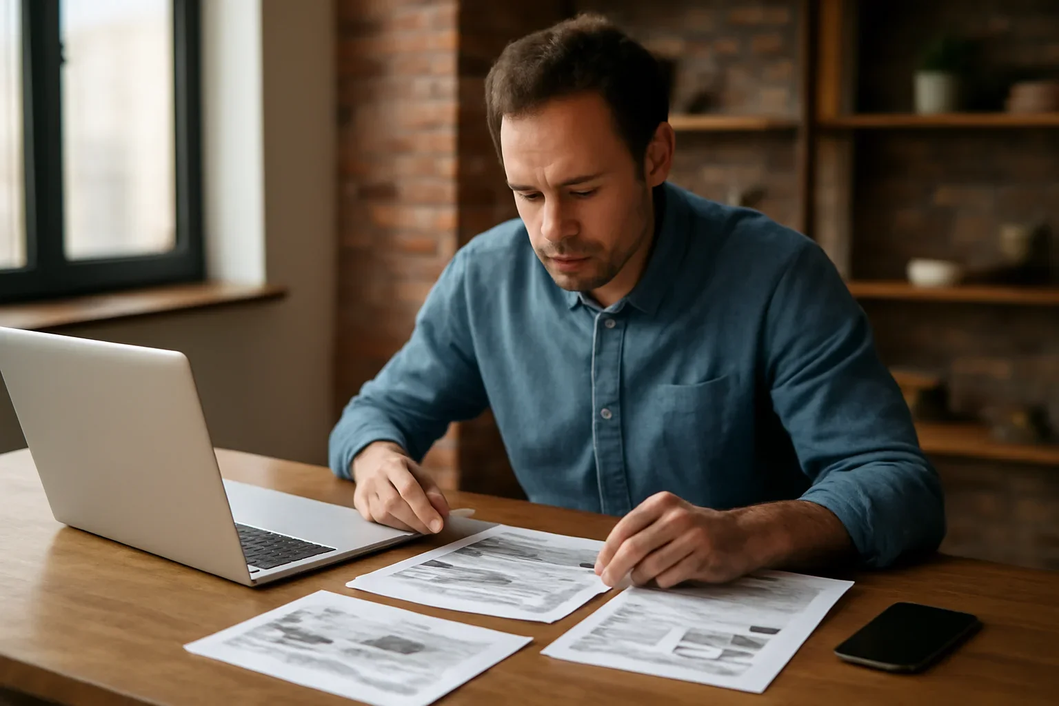 Local business owner reviewing ad layouts and campaign notes at a desk