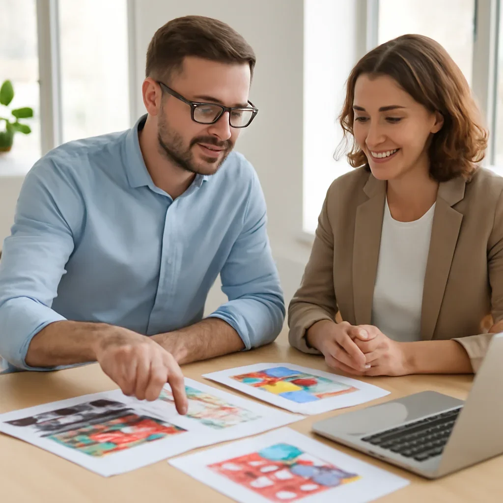 Team discussing a print and digital promotion plan in a bright office