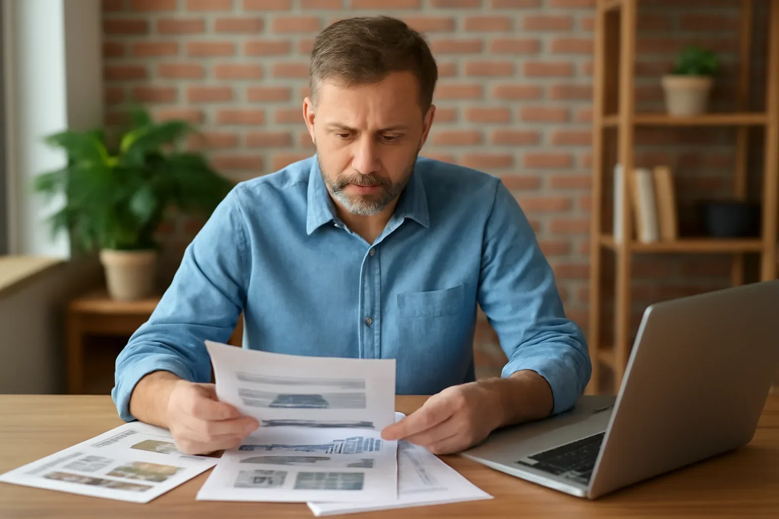 Local business owner reviewing ad layouts and campaign notes at a desk