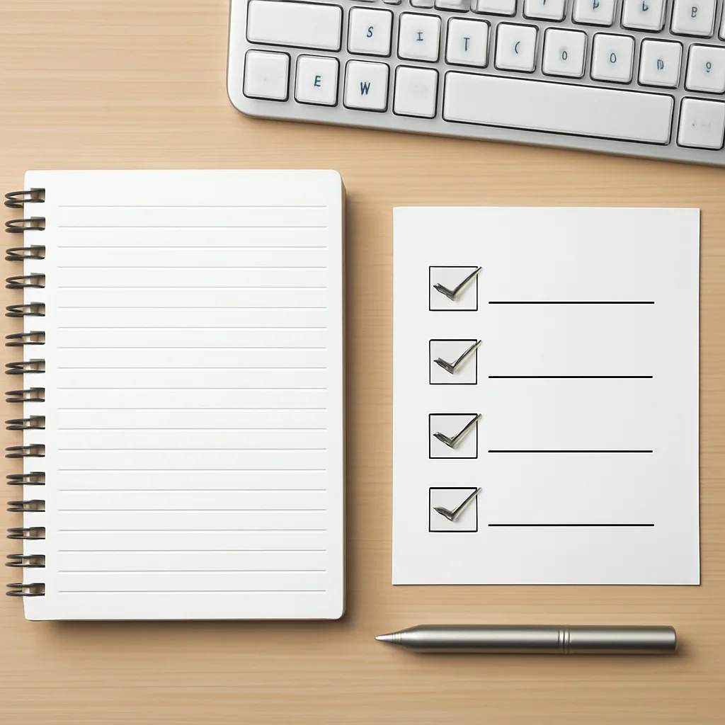Notebook, keyboard, and checklist used for reviewing requests