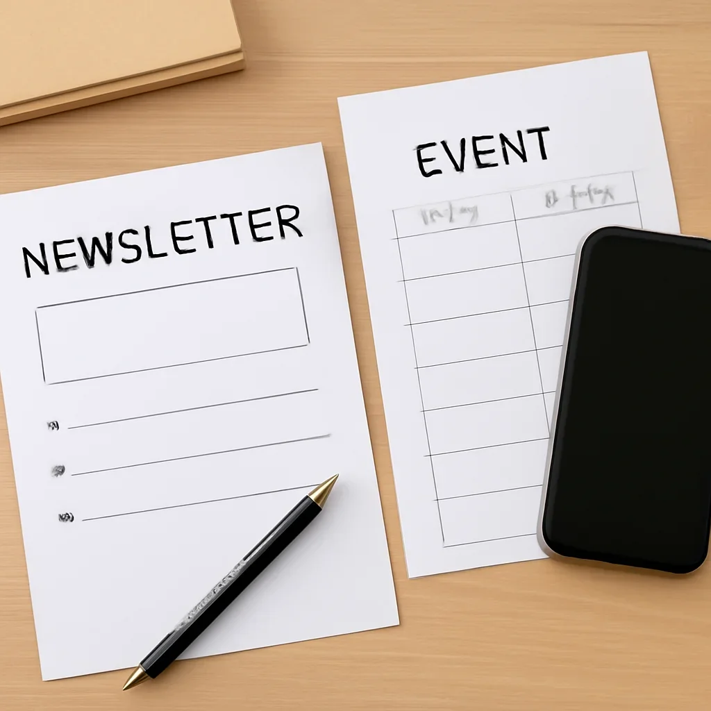 Newsletter signup and event reminder planning on a desk