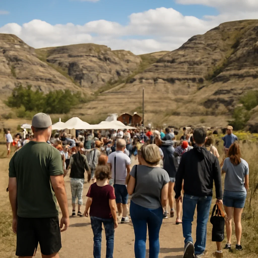 Crowd arriving at a small-town outdoor event in the badlands