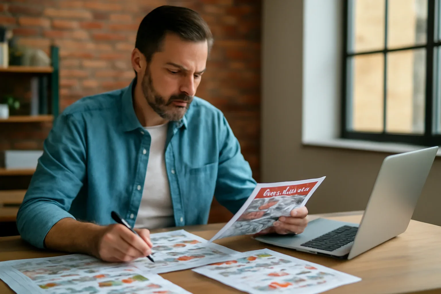Local business owner reviewing ad layouts and campaign notes at a desk