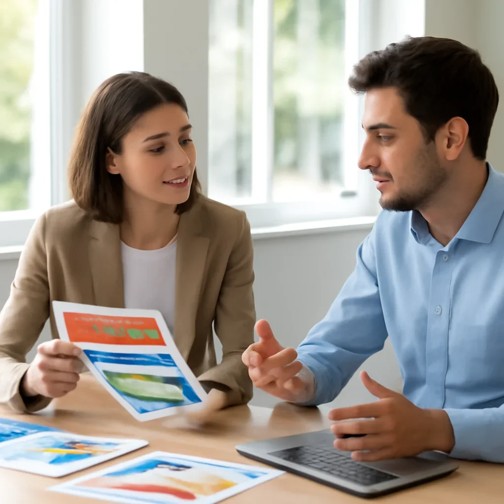 Team discussing a print and digital promotion plan in a bright office