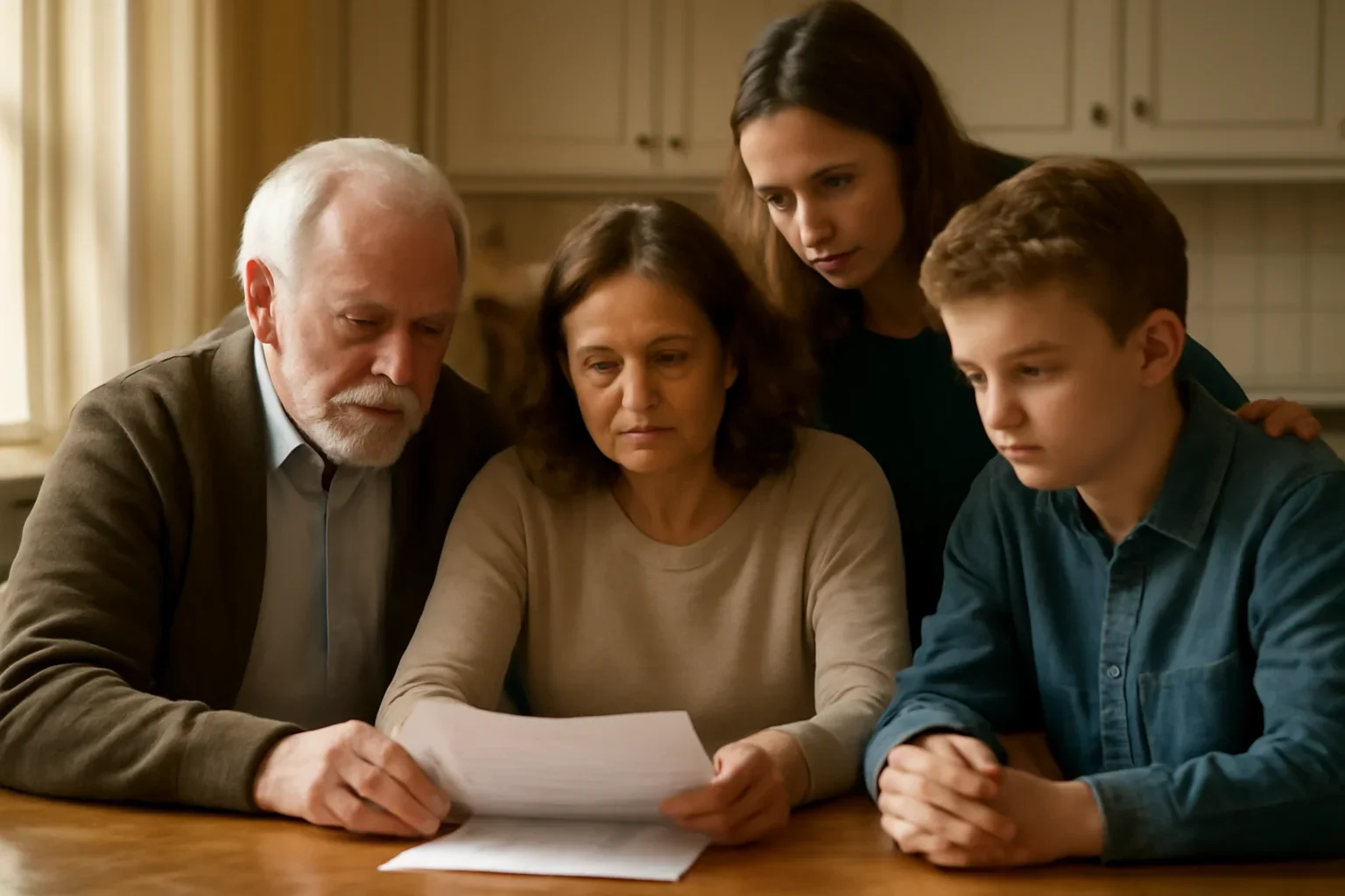 Family reviewing a memorial notice draft together at a kitchen table