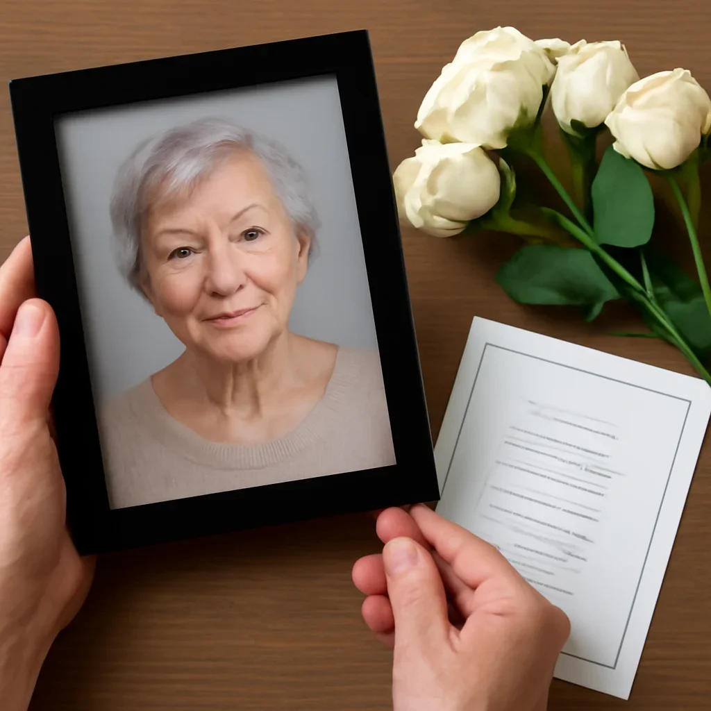 Close-up of hands arranging a framed portrait and service details