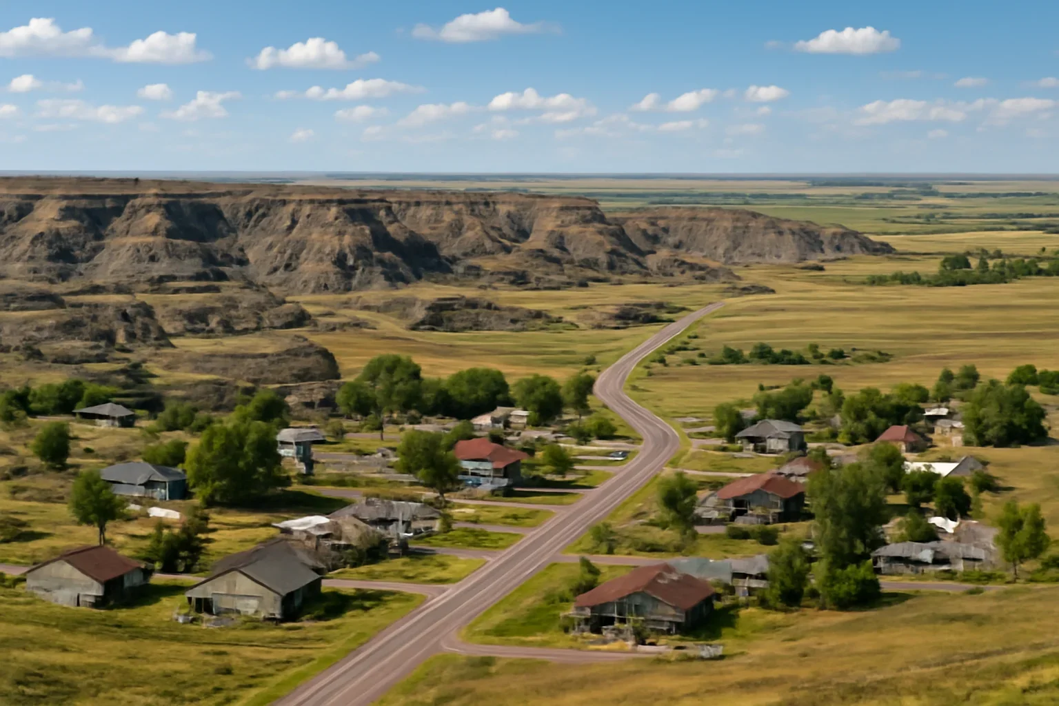 Wide view of Badlands with homes, roads, and prairie landscape