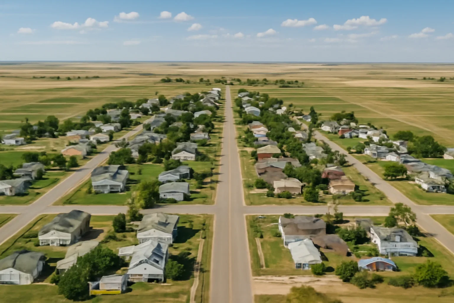Wide view of Delia with homes, roads, and prairie landscape