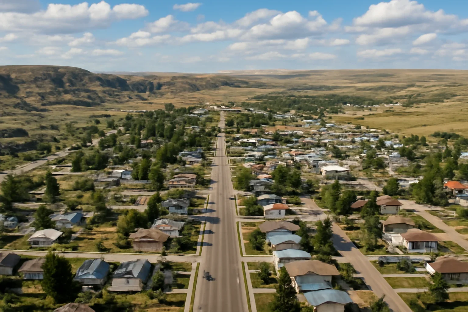 Wide view of Drumheller with homes, roads, and prairie landscape