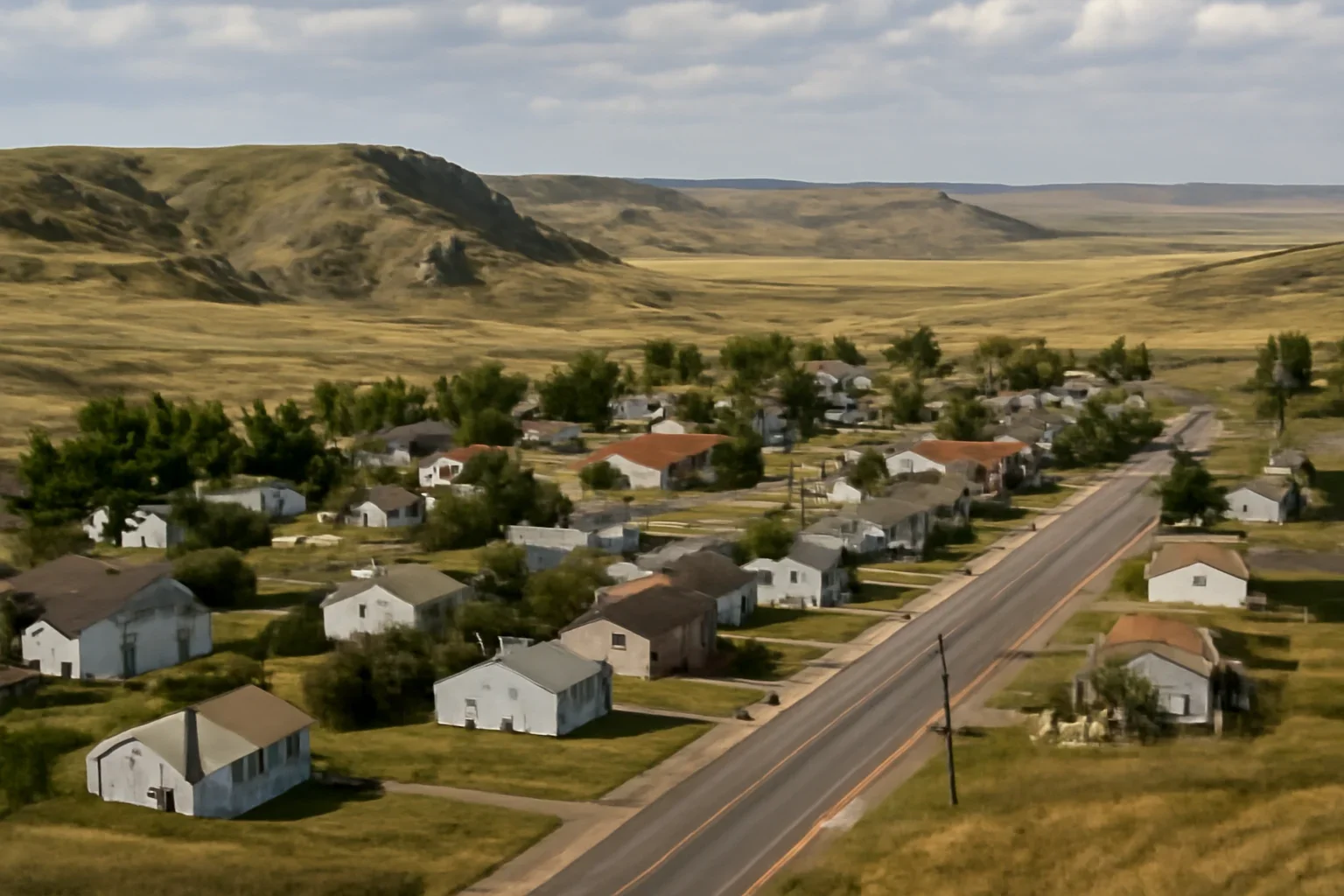 Wide view of East Coulee with homes, roads, and prairie landscape