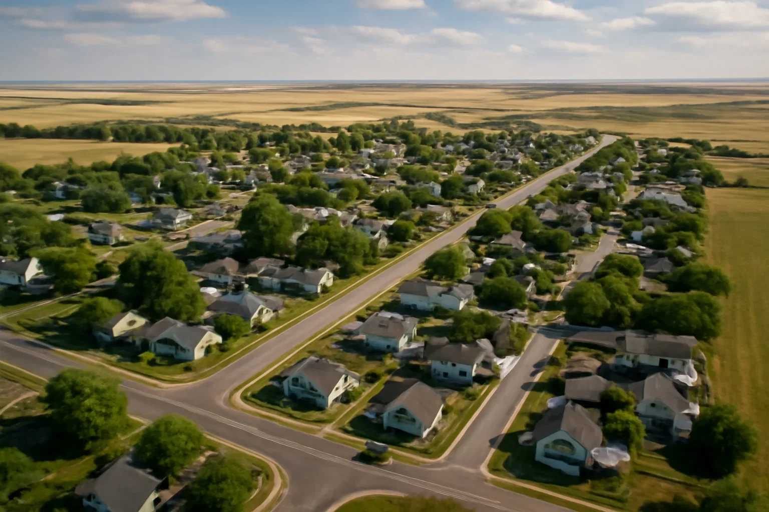 Wide view of Morrin with homes, roads, and prairie landscape