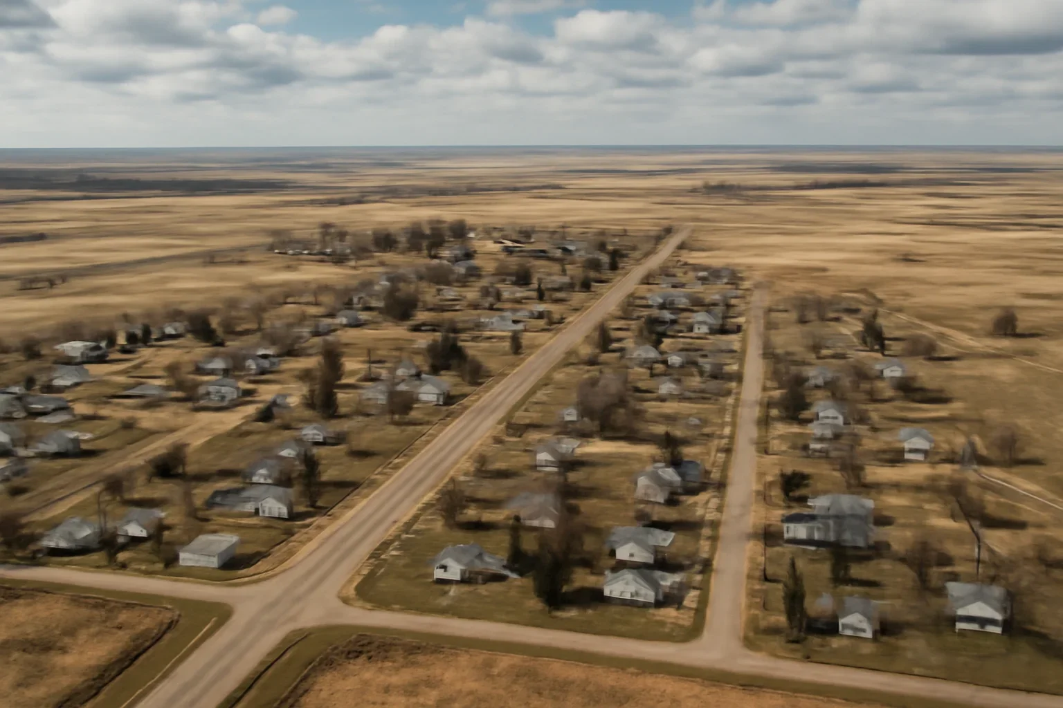 Wide view of Munson with homes, roads, and prairie landscape