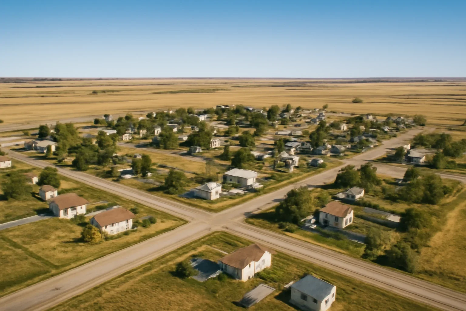 Wide view of Nacmine with homes, roads, and prairie landscape