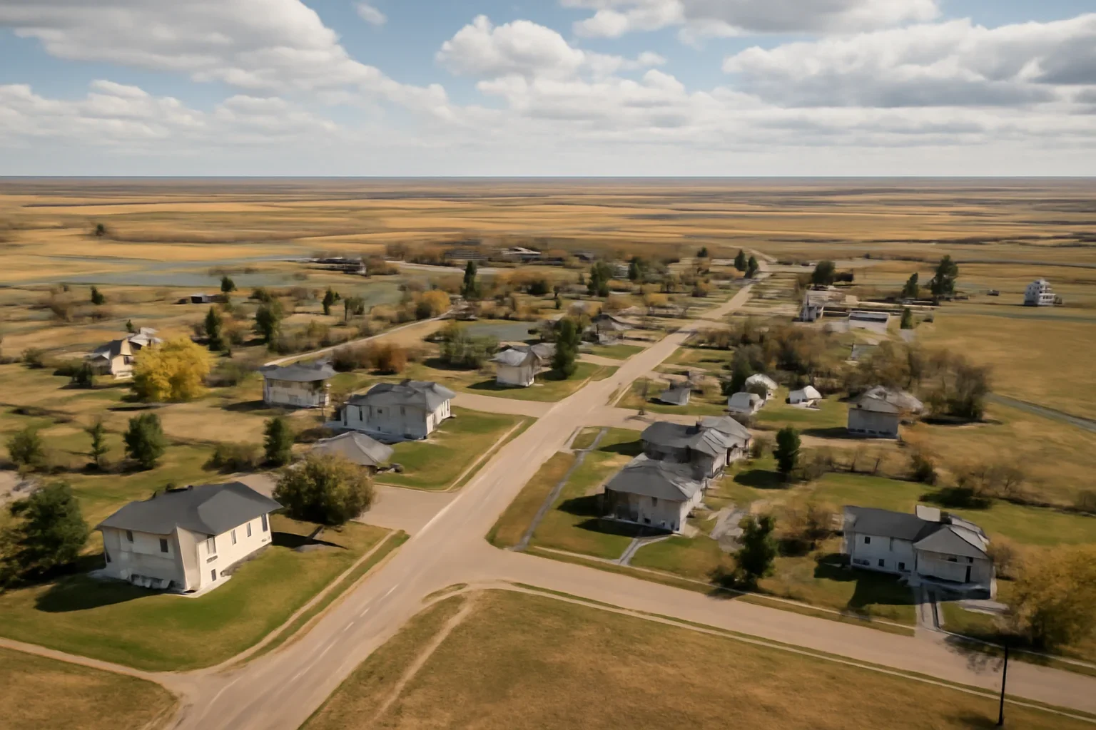 Wide view of Rosedale with homes, roads, and prairie landscape
