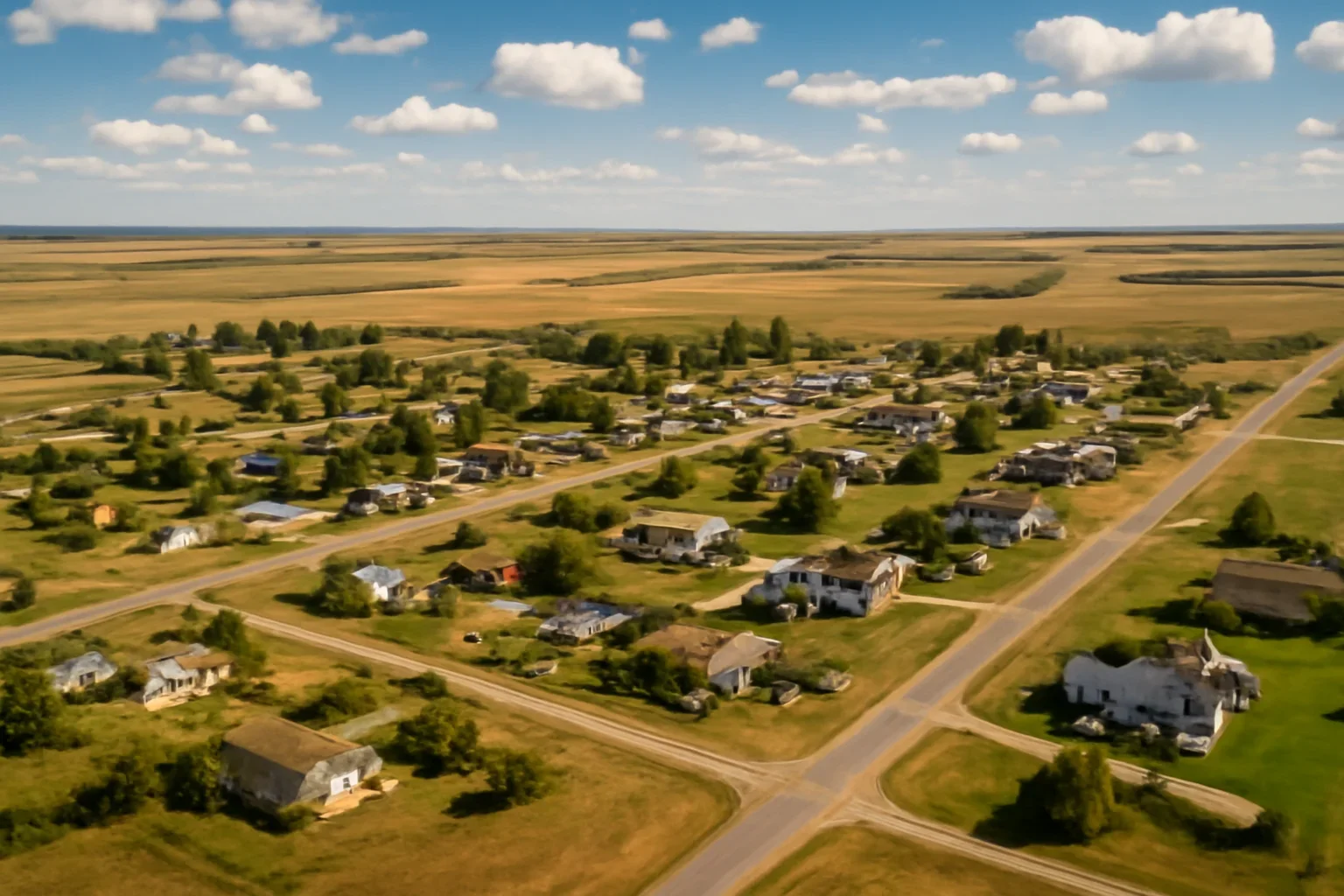 Wide view of Starland County with homes, roads, and prairie landscape