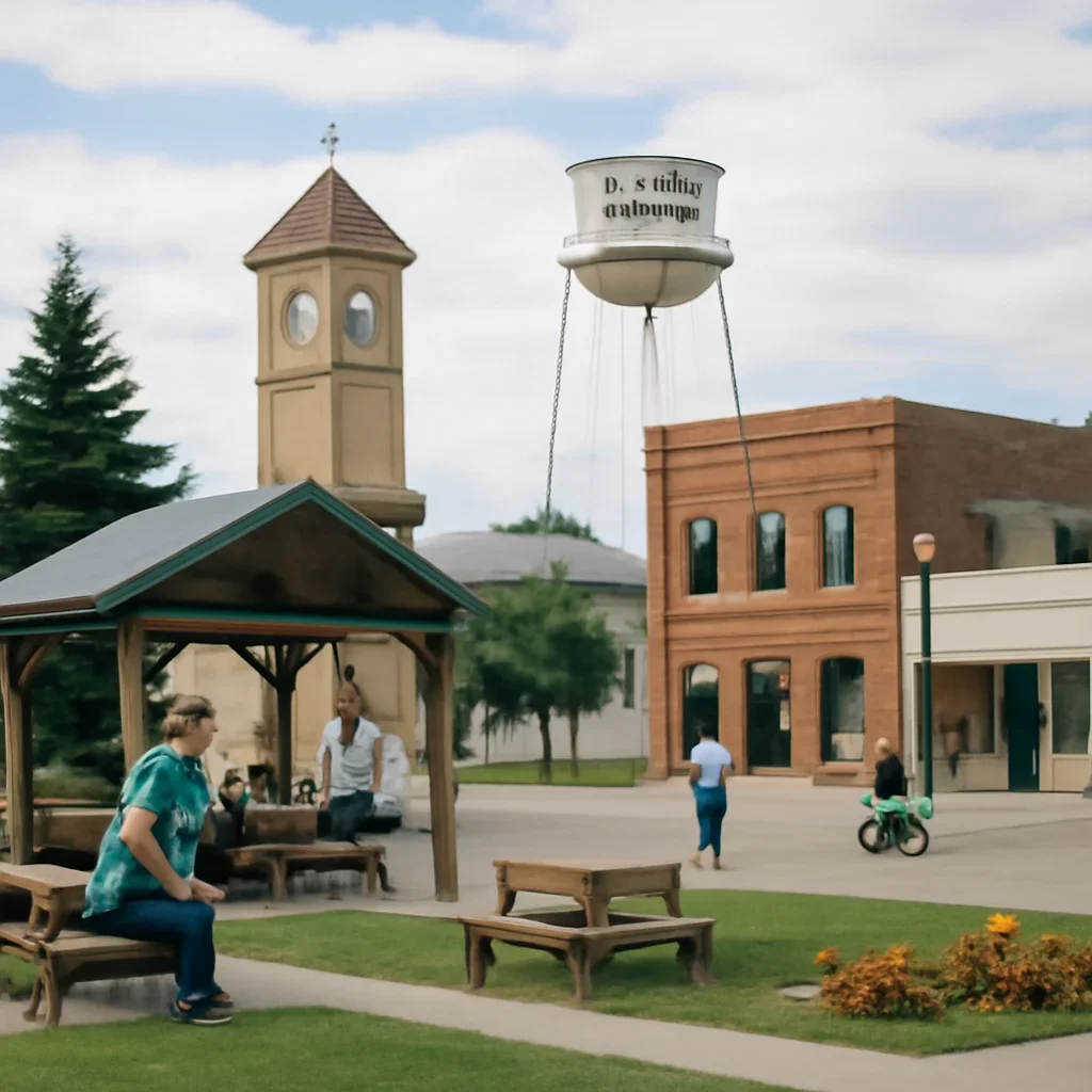 Community gathering place and local landmarks in Starland County