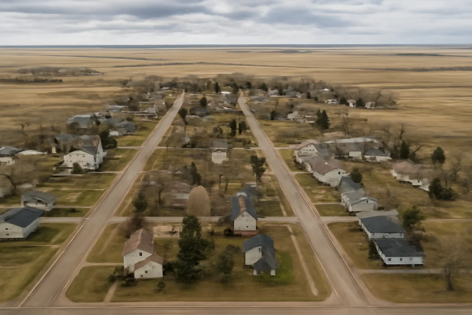 Wide view of Wayne with homes, roads, and prairie landscape