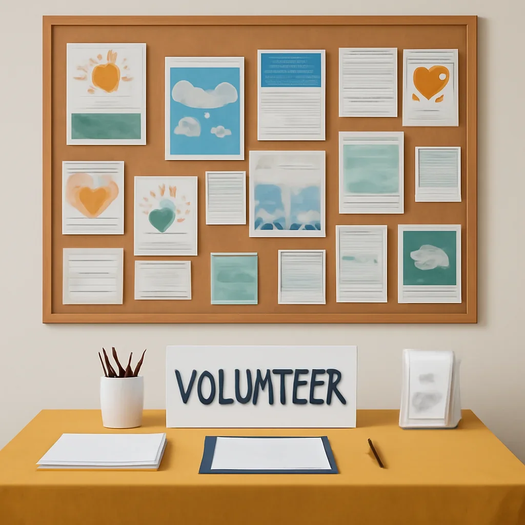 Volunteer table, posters, or community board filled with local notices