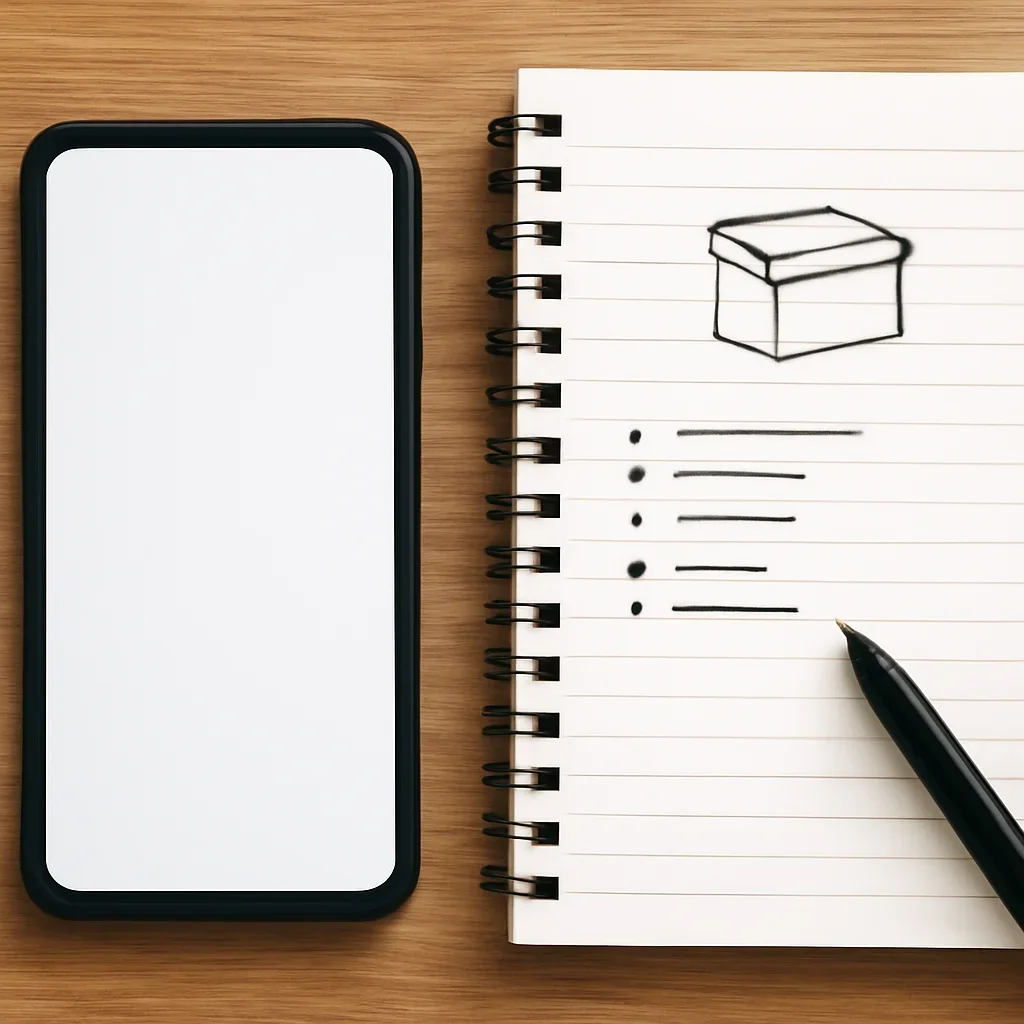 Phone screen and notebook with item details ready for a classified ad