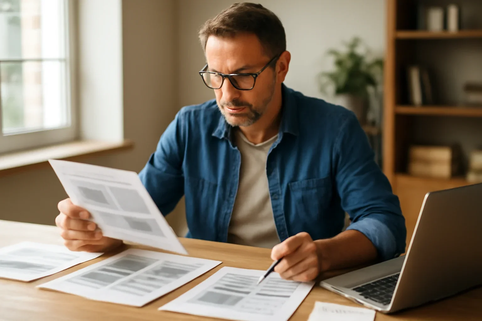 Local business owner reviewing ad layouts and campaign notes at a desk