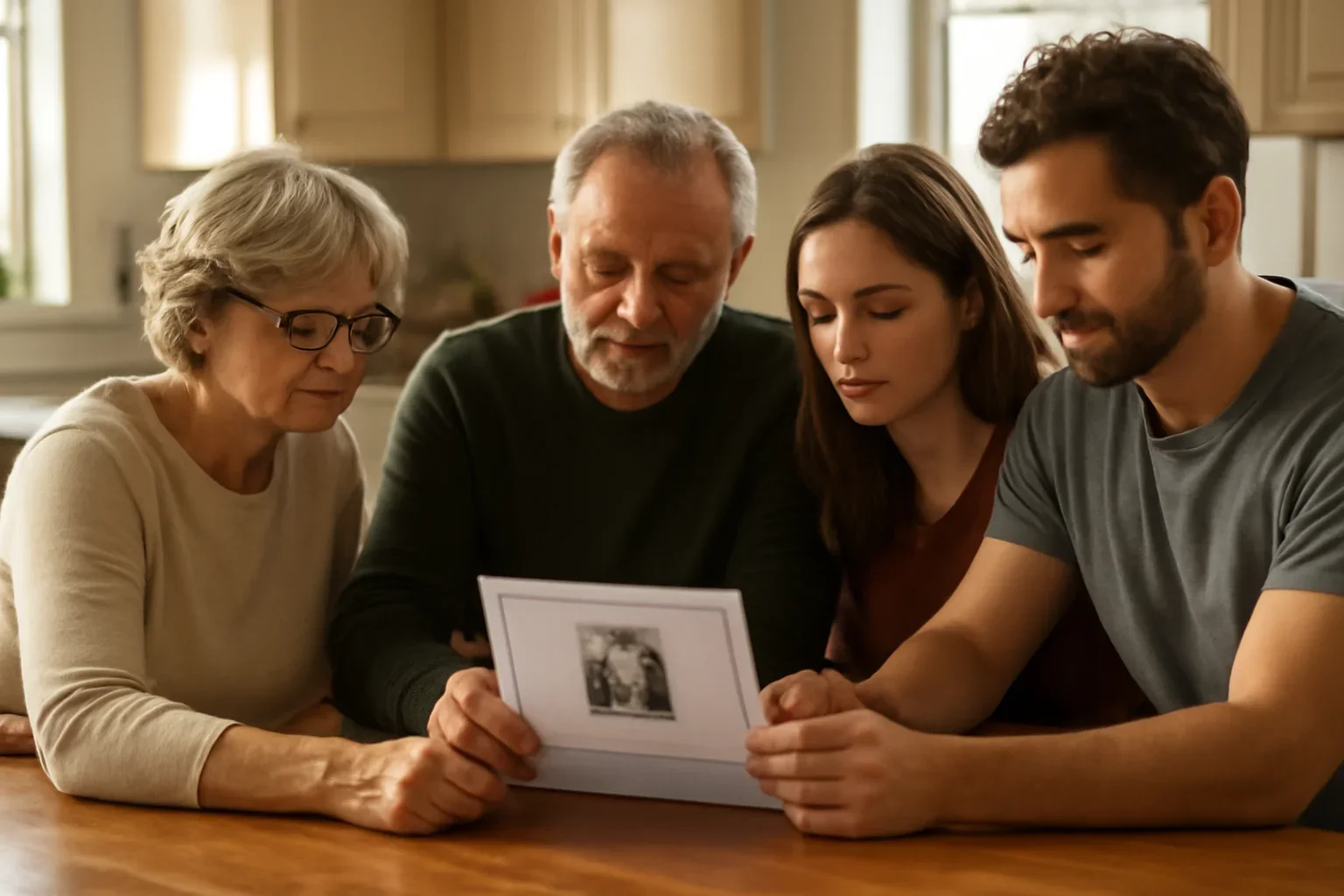 Family reviewing a memorial notice draft together at a kitchen table