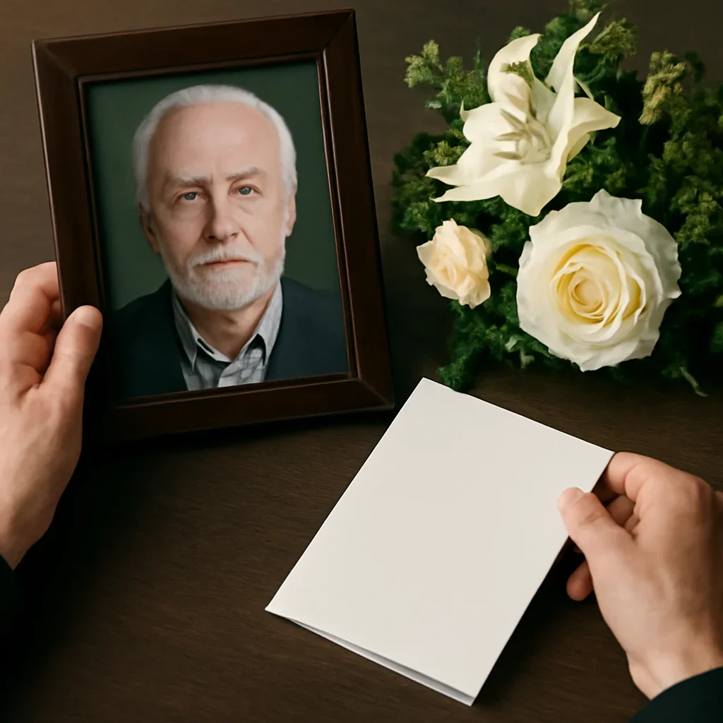 Close-up of hands arranging a framed portrait and service details