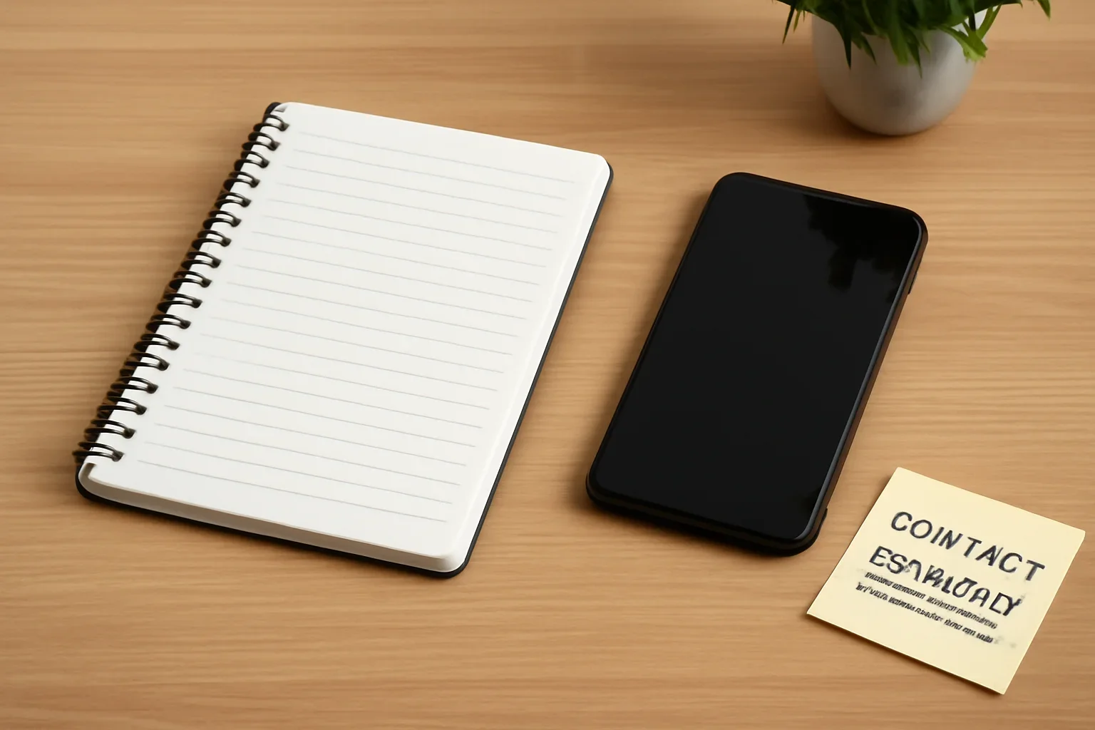 Editorial desk with notebook, phone, and contact request notes