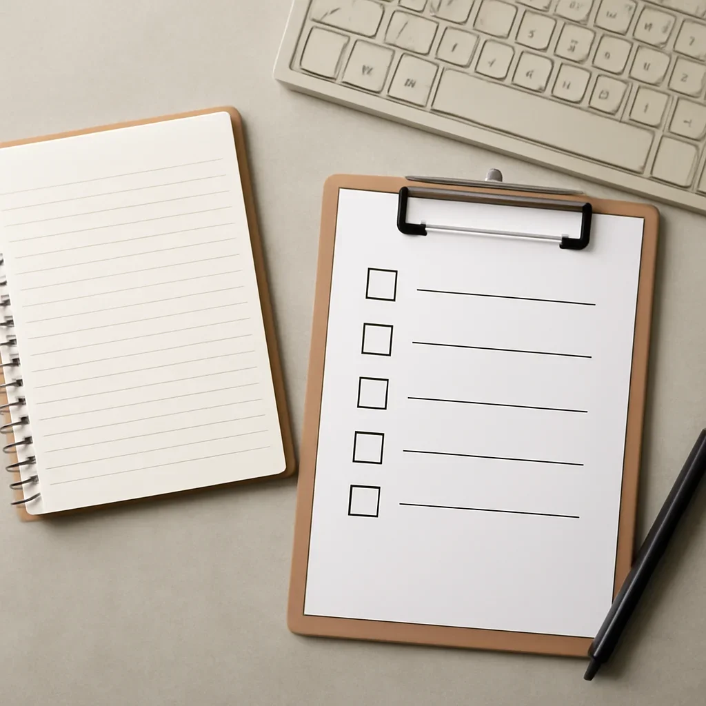 Notebook, keyboard, and checklist used for reviewing requests