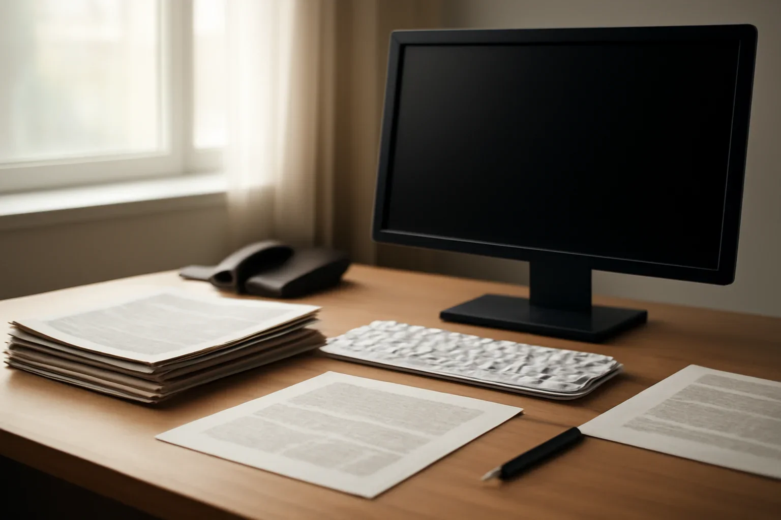 Calm newsroom desk with documents, keyboard, and soft window light