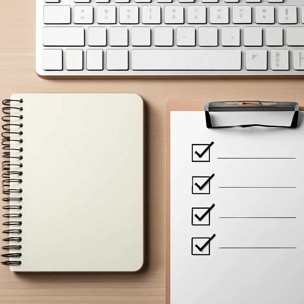 Notebook, keyboard, and checklist used for reviewing requests