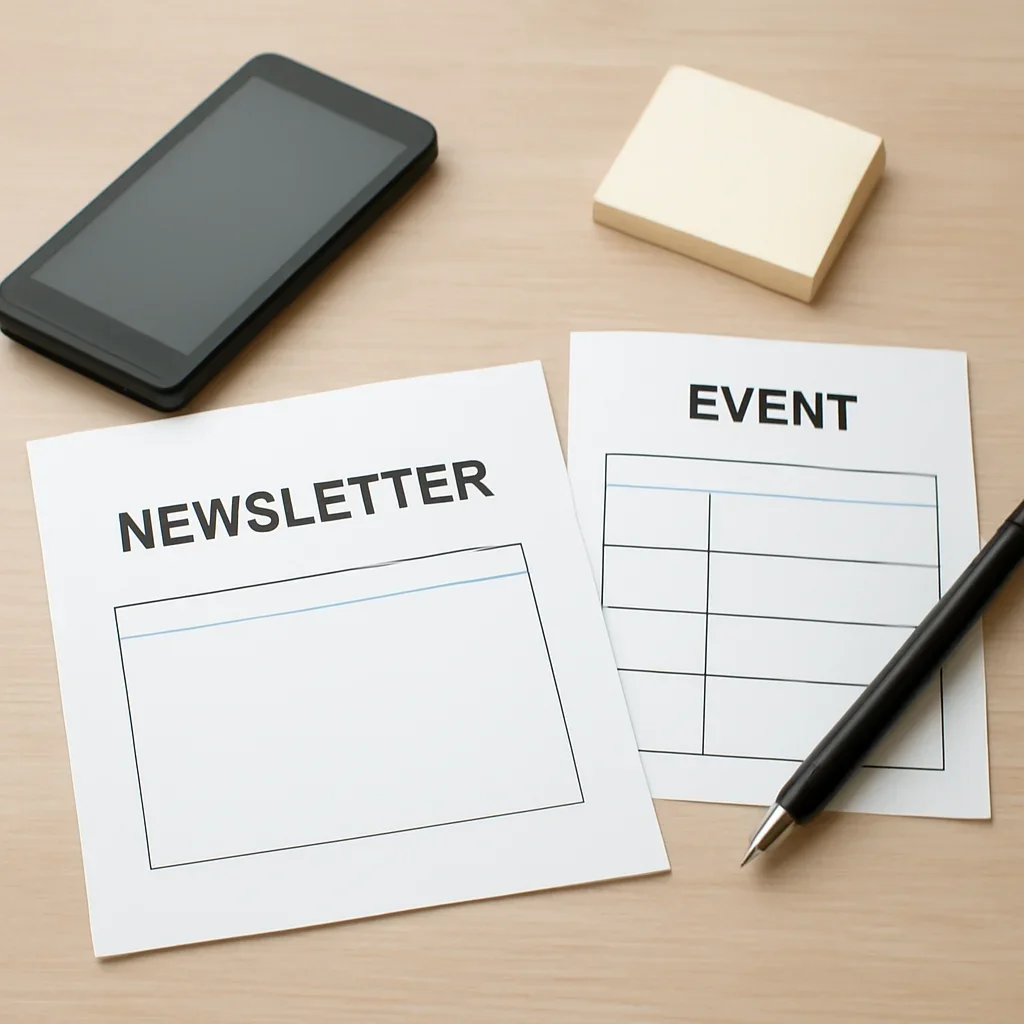 Newsletter signup and event reminder planning on a desk